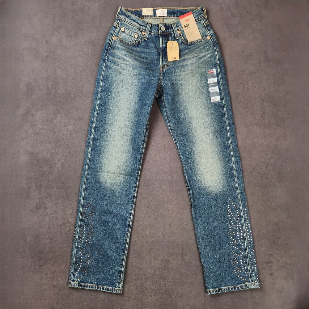 Levis 501 Curve Jeans Womens W26 L30 Blue High Rise Straight Denim Embellished
